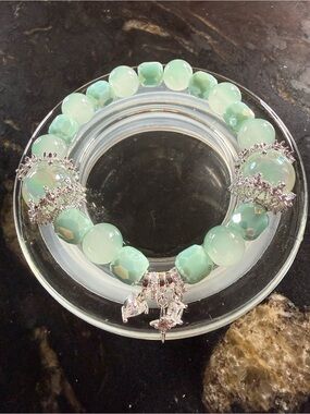 Mint Green Beaded Stretch Bracelet with Silver Charms